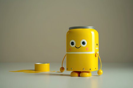 painted yellow figure of paint can character standing against light background, created with generative aiの素材