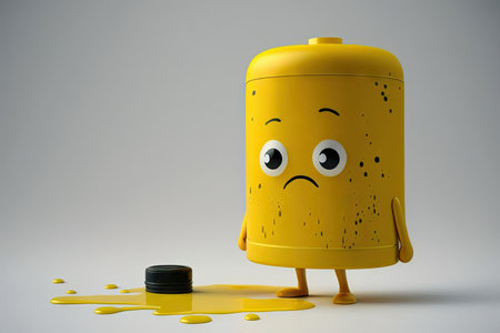 painted yellow figure of paint can character standing against light background, created with generative aiの素材