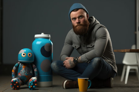 emotional paint can character artist standing in front of his artwork sitting on table, created with generative aiの素材