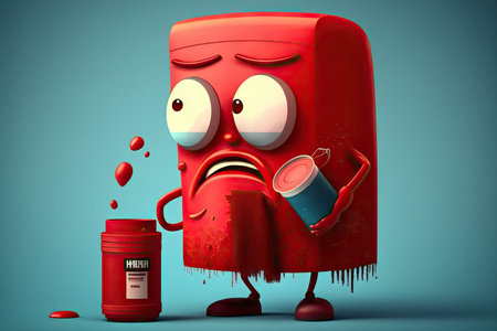 funny red paint can character wiping his face with his sleeve, created with generative aiの素材