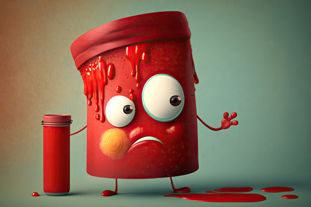 funny red paint can character wiping his face with his sleeve, created with generative aiの素材