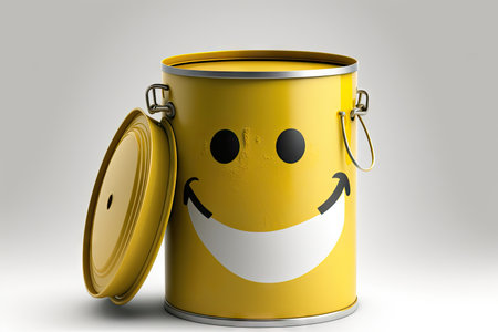 yellow smiling paint can character isolated on white background, created with generative aiの素材