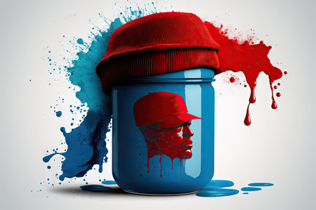 portrait silhouette of blue paint can character with red cap, created with generative aiの素材