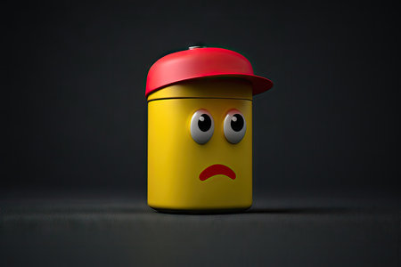yellow flat-nosed paint can character with red cap on dark background, created with generative aiの素材