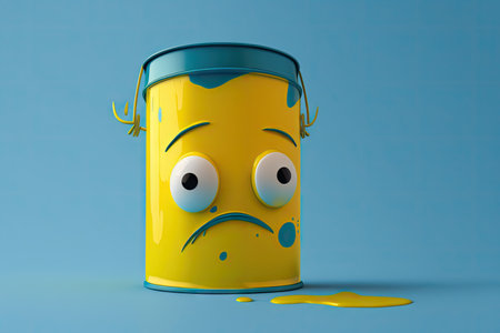 bright yellow paint can character standing on blue background, created with generative aiの素材
