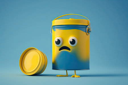 bright yellow paint can character standing on blue background, created with generative aiの素材