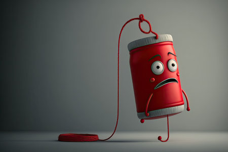 small red paint can character hangs on rope on gray background, created with generative aiの素材