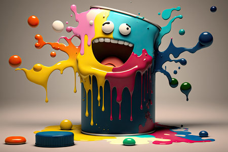 large multi-colored splashes of paint on palette of paint can character, created with generative aiの素材