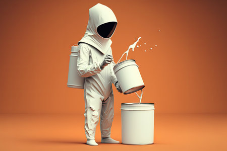 person in white suit with paint can character, created with generative aiの素材