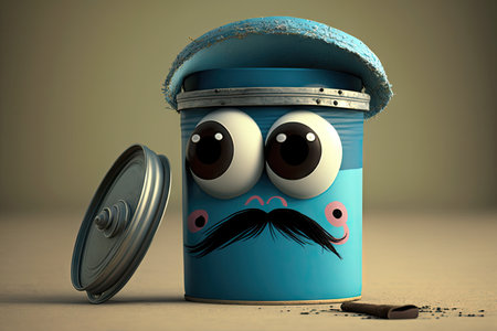 funny big-eyed paint can character with mustache and cap, created with generative aiの素材