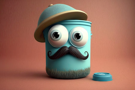 funny big-eyed paint can character with mustache and cap, created with generative aiの素材