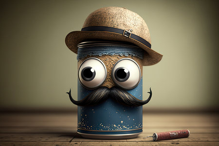 funny big-eyed paint can character with mustache and cap, created with generative aiの素材