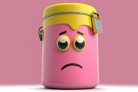 insulated pink paint can character with yellow lid isolated on white background, created with generative aiの素材