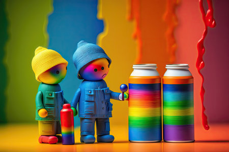 beautiful toy people with paint cans on background of colorful rainbow, created with generative aiの素材
