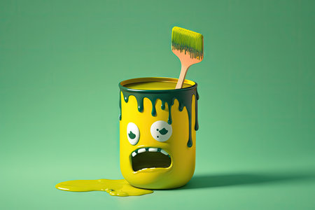 bright paint can character in yellow with brushs shadow on green background, created with generative aiの素材