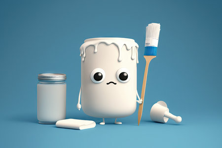 white paint can character with brushes and palette on blue background, created with generative aiの素材