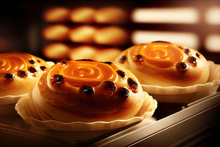 baked buns with raisins and caramel in pastry shop, created with generative aiの素材