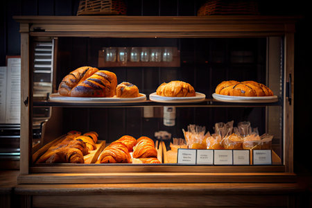 homemade croissants and brioche in bakery counter at breakfast time, created with generative aiの素材