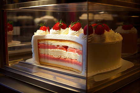 strawberry cream cake at bakery pastries on display window, created with generative aiの素材