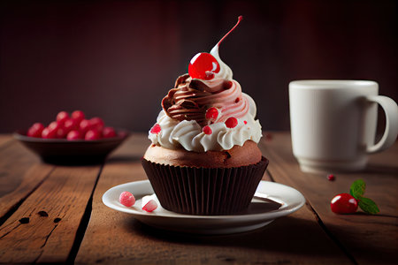 hot chocolate cupcake with cream and red berries in pastry shop, created with generative aiの素材