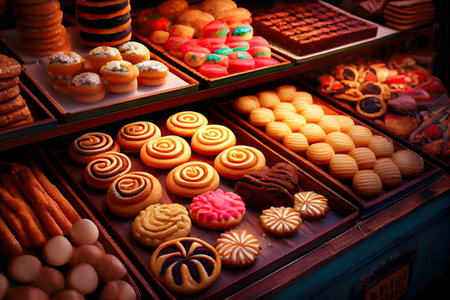 homemade sweets cookies and pastries in pastry shop, created with generative aiの素材