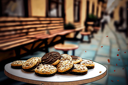 small round cookies with chocolate on bench in pastry shop, created with generative aiの素材