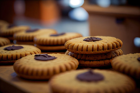 small round cookies with chocolate on bench in pastry shop, created with generative aiの素材