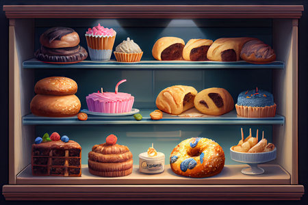 pastry shop confectionery shelf with buns and muffins, created with generative aiの素材