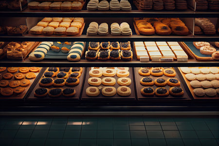 rows of buns doughnuts and pastries in pastry shop, created with generative aiの素材