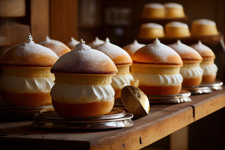 baked cream cakes in buns on wooden table in pastry shop, created with generative aiの素材