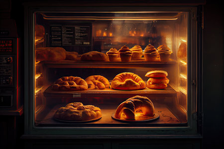 croissants and bagels baked in oven at pastry shop, created with generative aiの素材