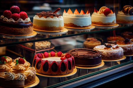 homemade cakes and pastries in pastry shop, created with generative aiの素材