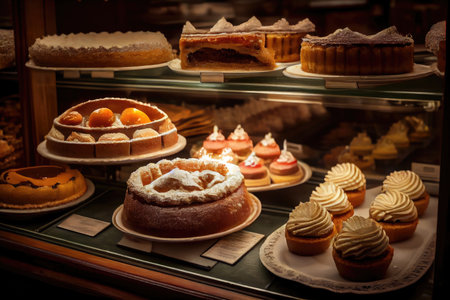 fresh homemade cakes and pastries in pastry shop bakeries, created with generative aiの素材