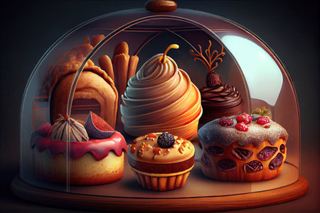 sweet pastries in form of buns, jelly and pastry shop, created with generative aiの素材