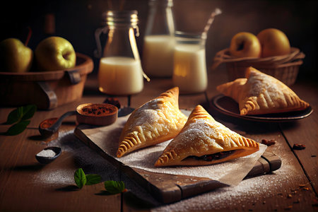 homemade apple turnovers on table in pastry shop, created with generative aiの素材