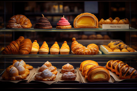 dessert assortment of sweet pastries and croissants in pastry shop, created with generative aiの素材
