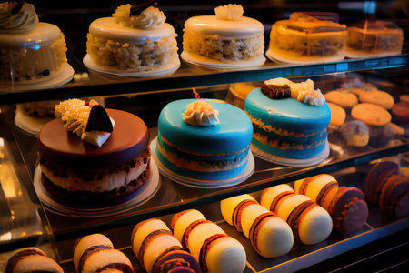 homemade sweet and dessert food cookies cheesecakes pastries in pastry shop, created with generative aiの素材