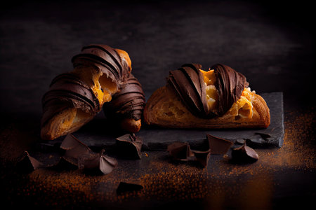 chocolate croissants at bakery in kitchen on black background, created with generative aiの素材