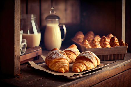 delicious homemade croissants pastries at pastry shop, created with generative aiの素材