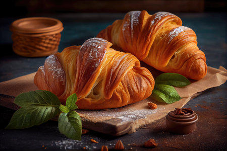 delicious homemade croissants pastries at pastry shop, created with generative aiの素材