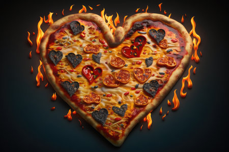 a close-up of a pizza heart with toppings and melted cheese, surrounded by flames., created with generative aiの素材
