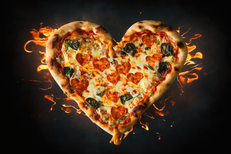 a close-up of a pizza heart with toppings and melted cheese, surrounded by flames., created with generative aiの素材