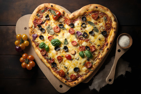 a close-up of a heart shaped pizza with cheese and toppings baked to perfection, created with generative aiの素材