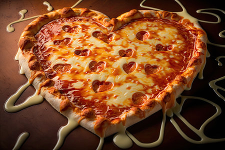a close-up shot of a heart-shaped pizza with melted cheese and tomato sauce, ready to be devoured., created with generative aiの素材