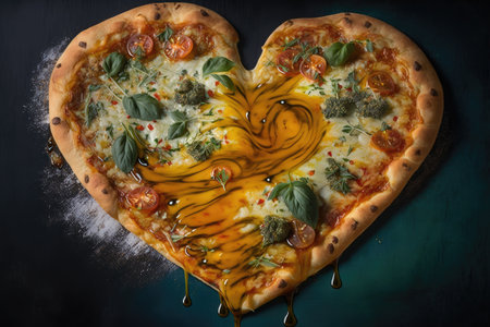 a close-up of a pizza heart shape with oozing cheese, fresh herbs and a drizzle of honey on top., created with generative aiの素材