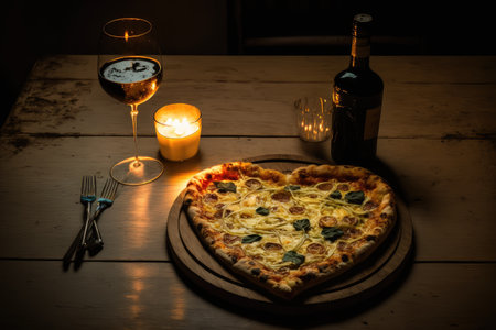 a romantic candlelit dinner for two with a heart-shaped pizza and glass of wine on the table, created with generative aiの素材