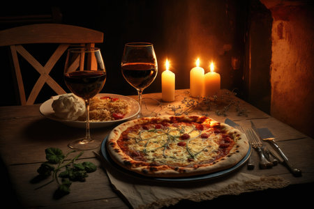 a romantic candlelit dinner for two with a heart-shaped pizza and glass of wine on the table, created with generative aiの素材