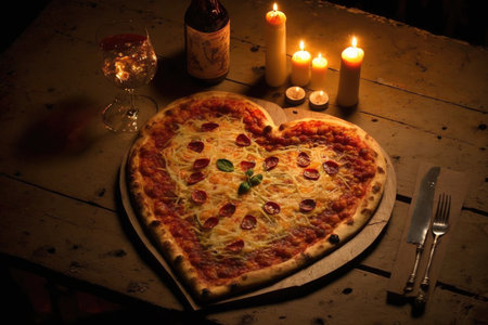 a heart-shaped pizza with a romantic candlelit dinner for two., created with generative aiの素材