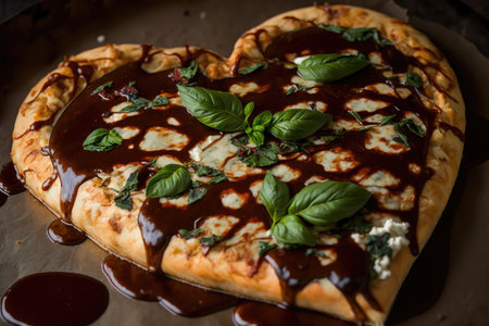 close-up of a pizza heart shape with fresh basil leaves and drizzled with balsamic glaze., created with generative aiの素材