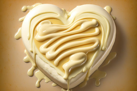 a close-up shot of a deliciously melted mozzarella cheese, with a heart shape in the center., created with generative aiの素材